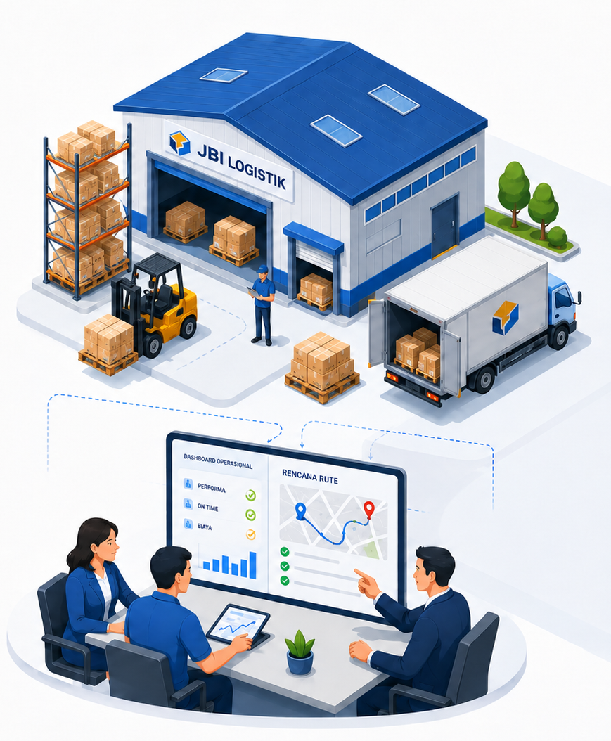 Ilustrasi proyek logistik JBI dengan gudang, armada, dashboard, dan tim operasional