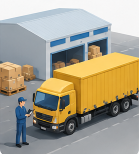 Ilustrasi armada trucking siap berangkat dari gudang